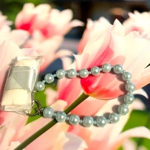 New Baby Blue Faux Pearl Beaded Ribbon Necklace/Bracelet